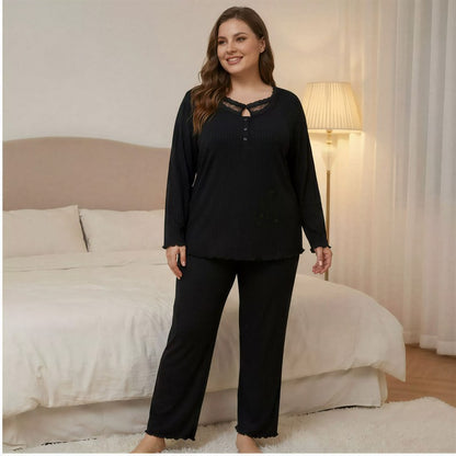 Spitzenpyjama-Set in Unifarbe - Schwarz - 4XL - image 0