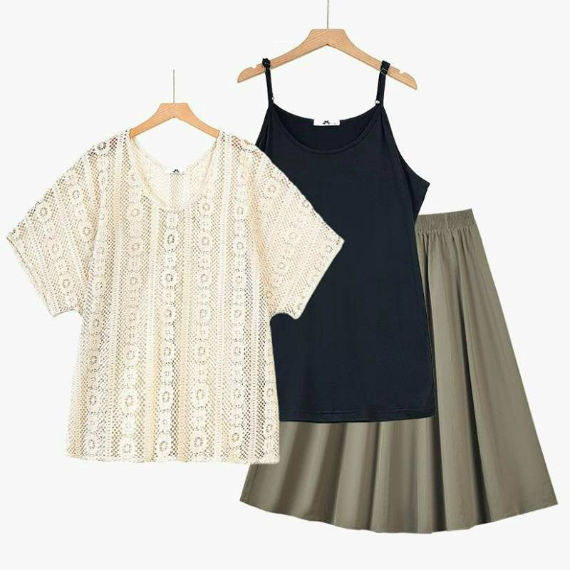Dreiteiliges Set bestehend aus Spitzen-Cover-Up-Top und Midirock - 3-teiliges Set (Schwarz) - 6XL - image 0
