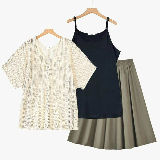 Dreiteiliges Set bestehend aus Spitzen-Cover-Up-Top und Midirock - 3-teiliges Set (Schwarz) - 6XL - image 0
