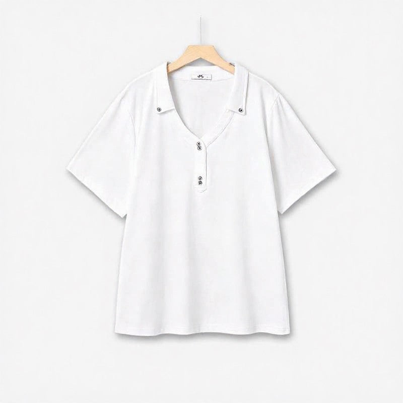 Lässiges Top mit Druckknopfkragen und V-Ausschnitt - Weiß - 6XL - image 1
