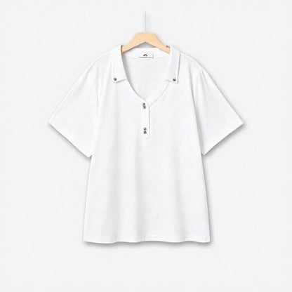 Lässiges Top mit Druckknopfkragen und V-Ausschnitt - Weiß - 6XL - image 1