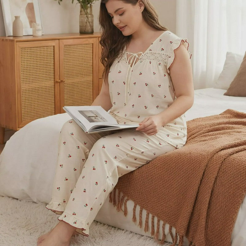 Pyjama-Set mit weichem Blumenmuster und Schleife - Beige - 4XL - image 0