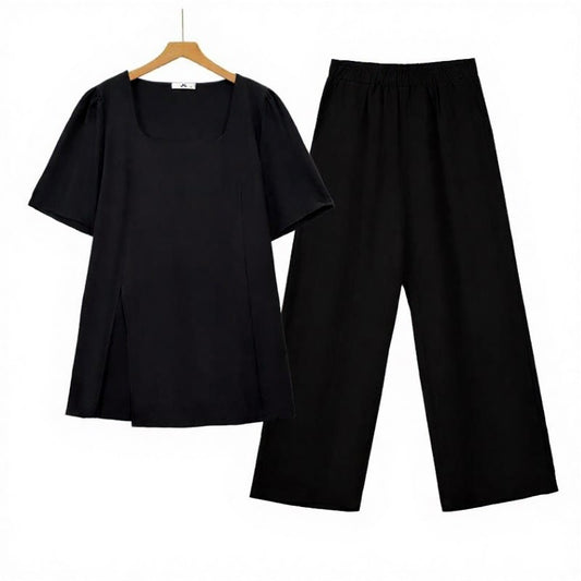 Minimalistisches zweiteiliges Hosen-Set mit eckigem Ausschnitt und weitem Bein - image 0