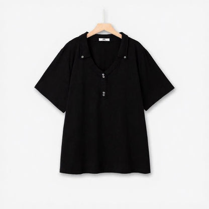 Lässiges Top mit Druckknopfkragen und V-Ausschnitt - Schwarz - 6XL - image 2